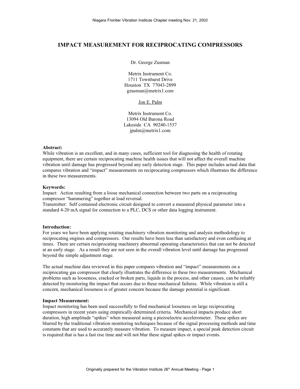 Impact Measurement for Reciprocating Compressors