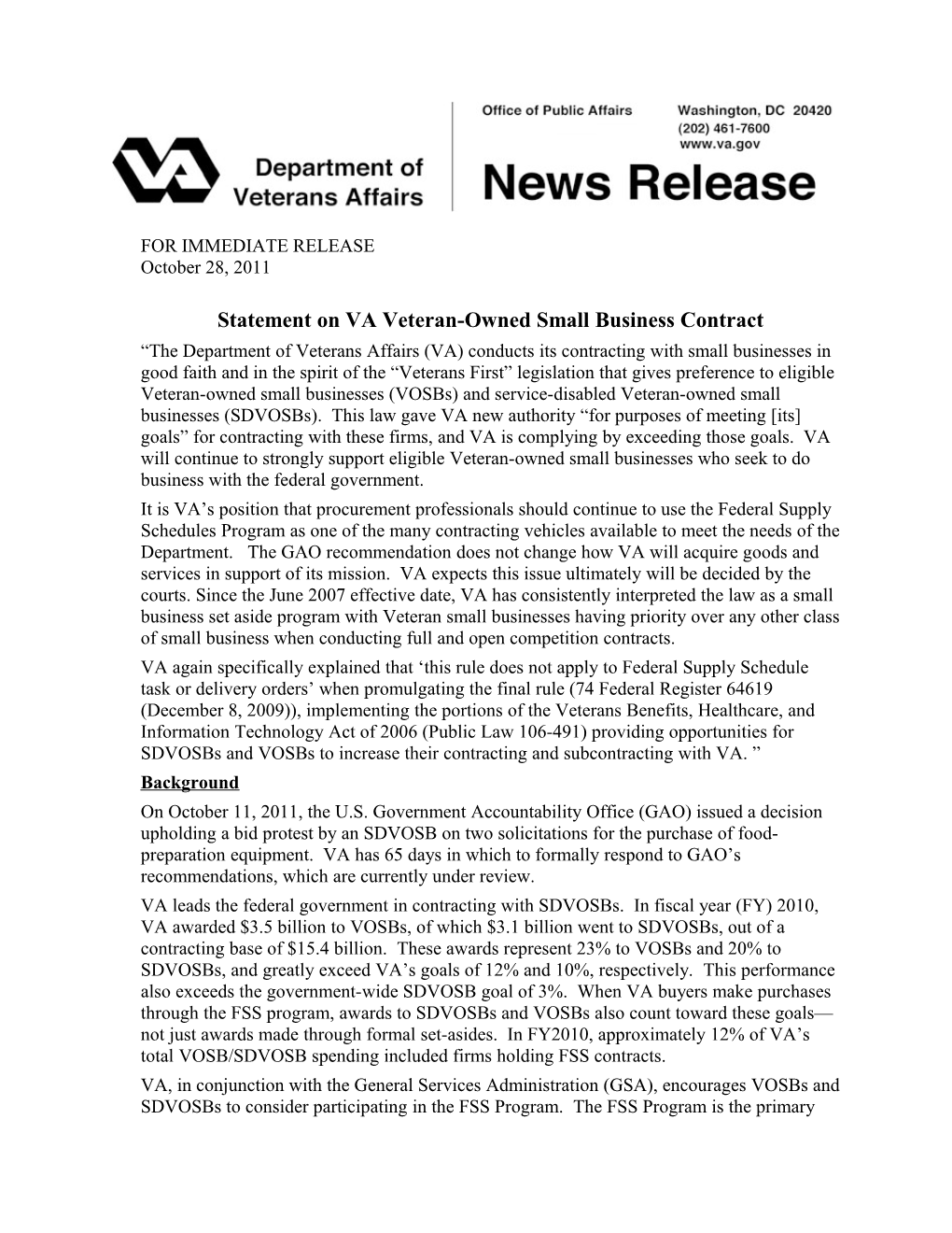 Statement on VA Veteran-Owned Small Business Contract