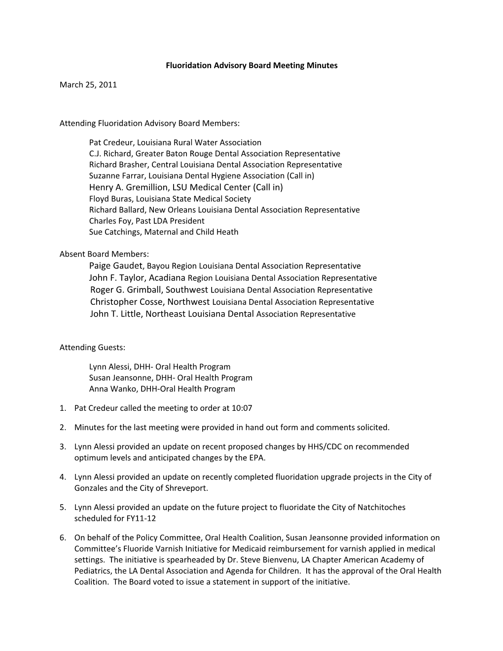 Fluoridation Advisory Board Meeting Minutes