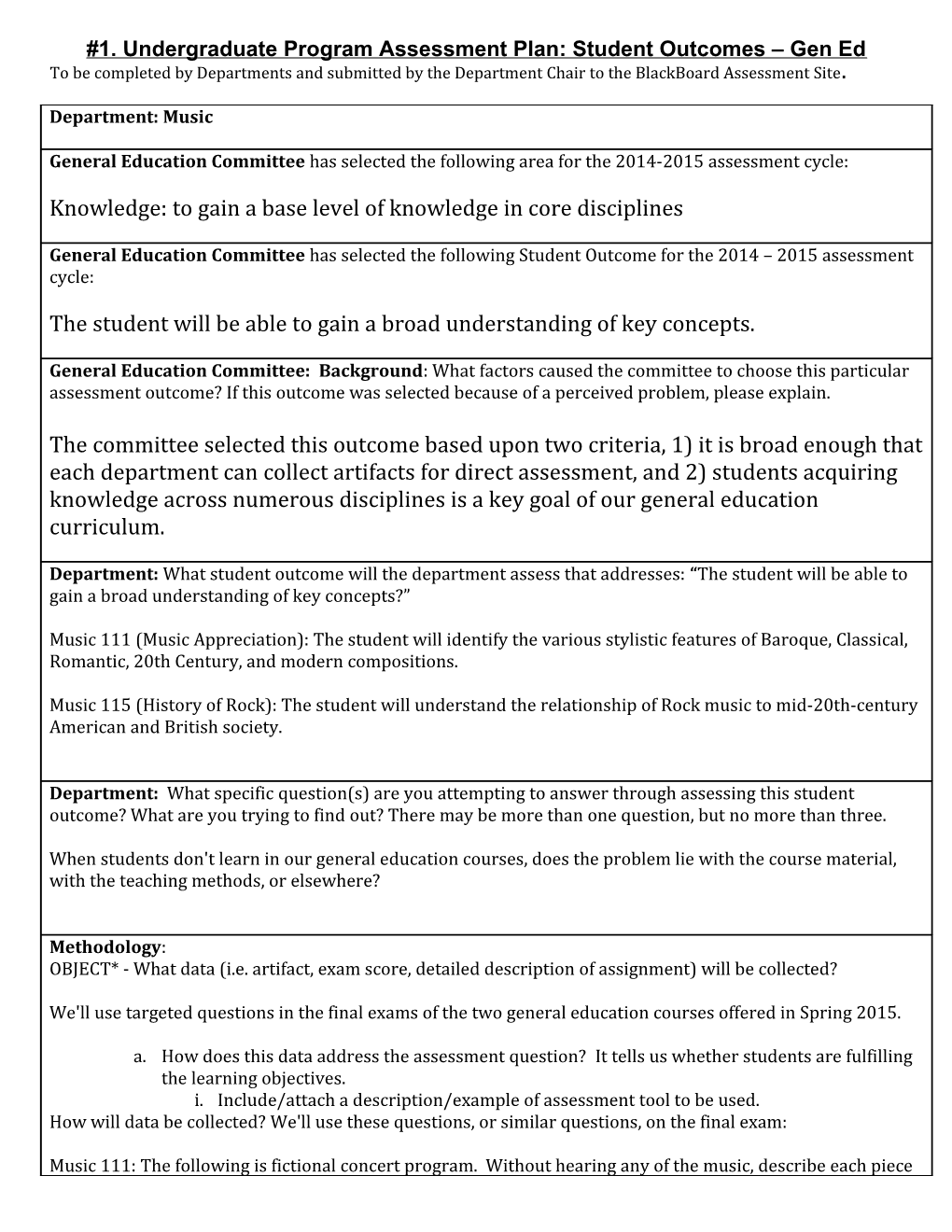 1. Undergraduate Program Assessment Plan:Student Outcomes Gen Ed