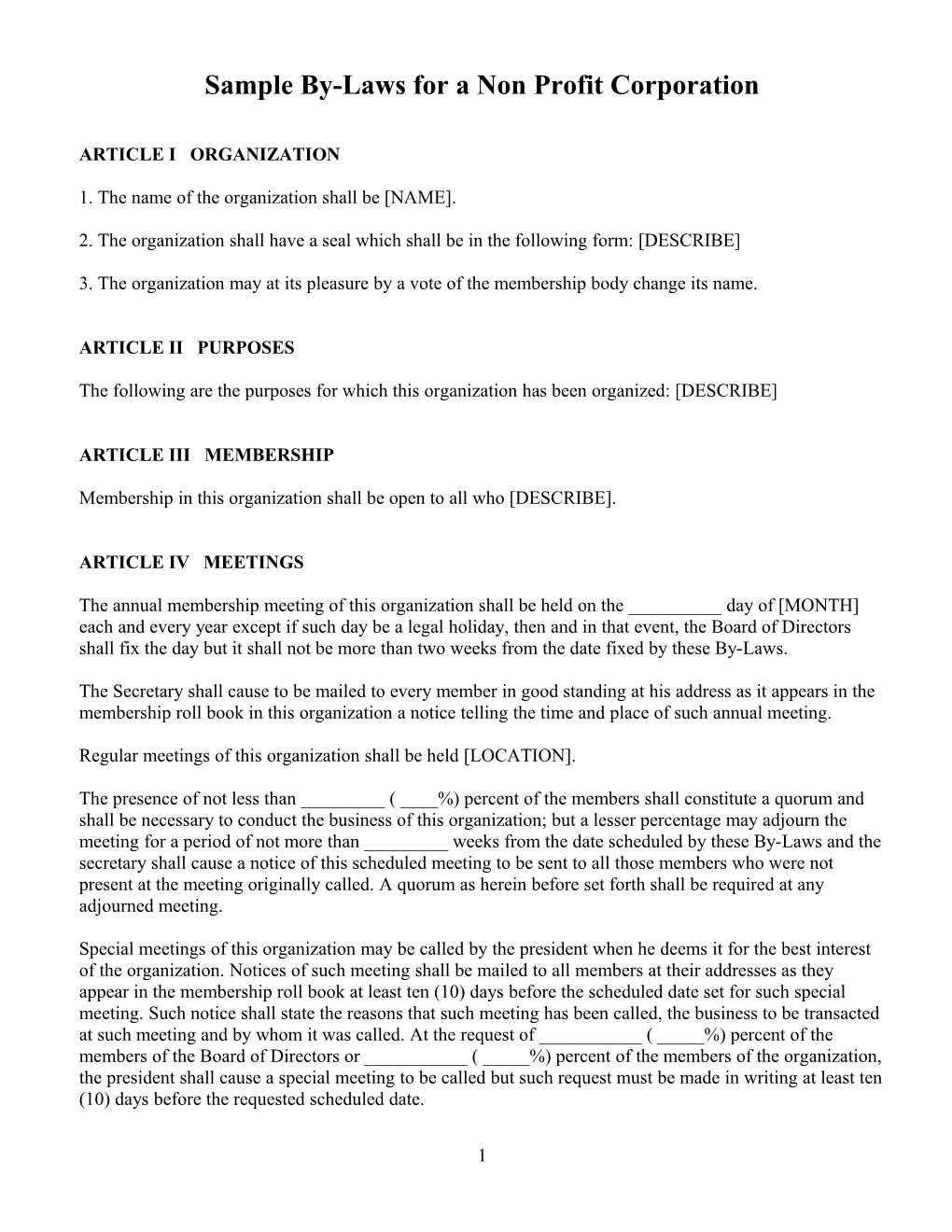 Sample By-Laws for a Non Profit Corporation