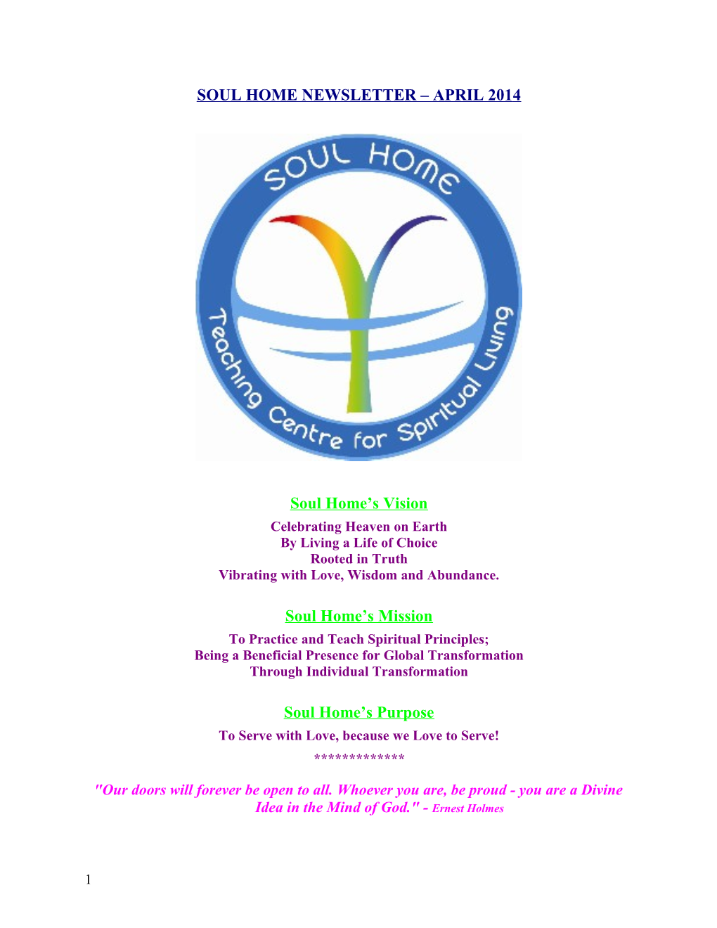 Soul Home Newsletter April2014