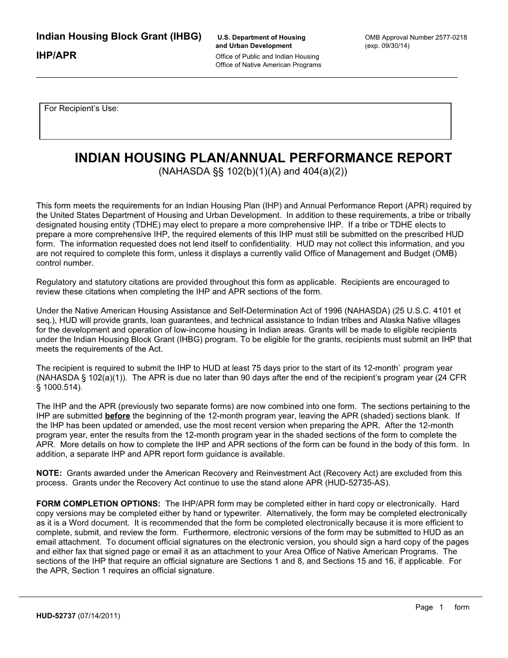 Indian Housing Plan/Annual Performance