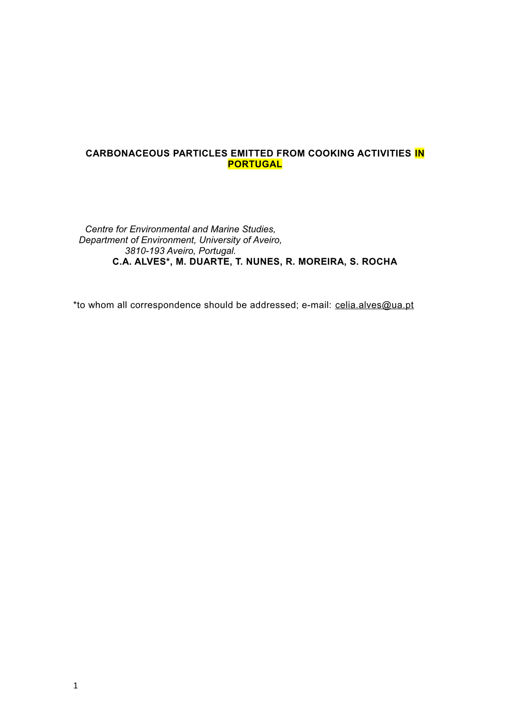 Carbonaceous PARTICLES Emitted from Cooking Activitiesin Portugal