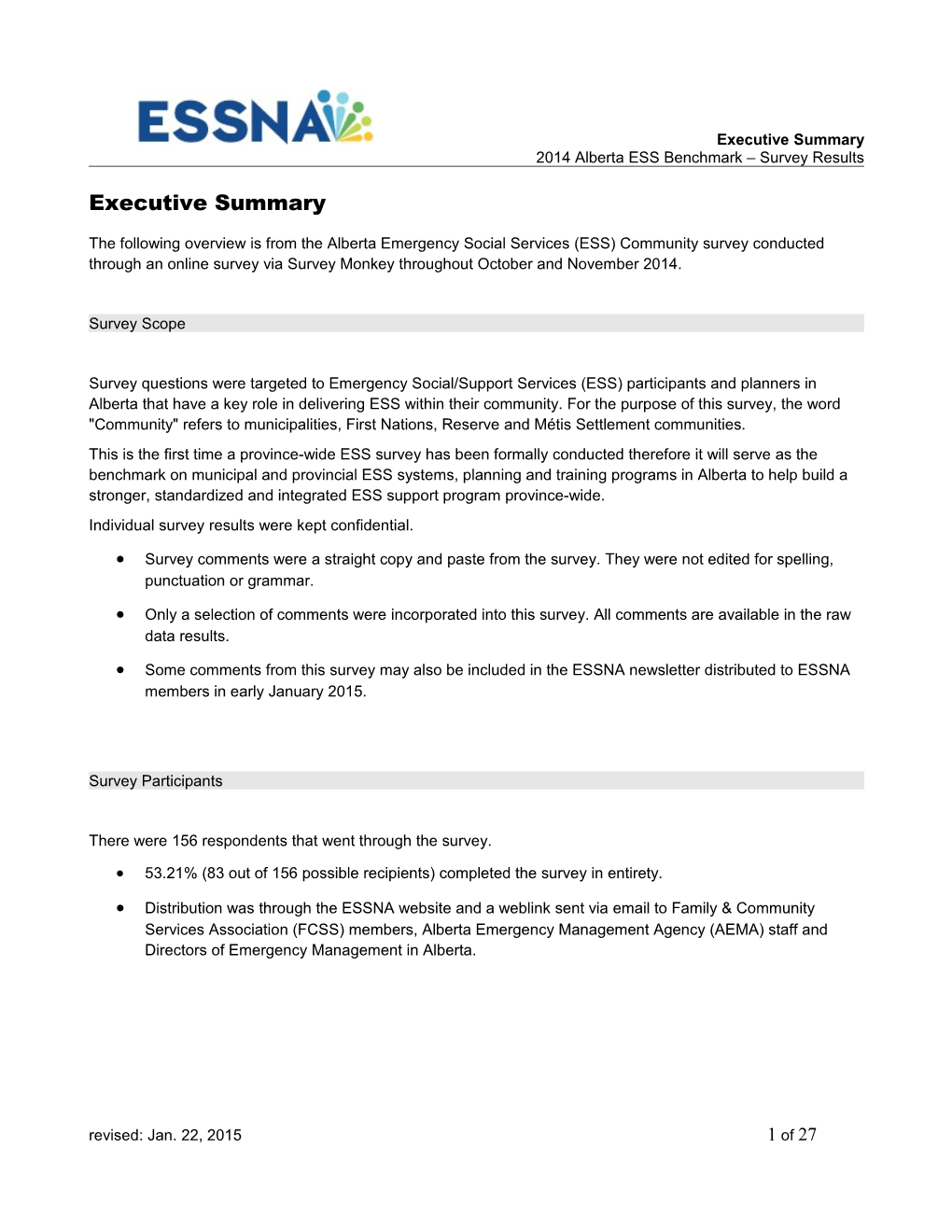 Executive Summary 2014 Alberta ESS Benchmark Survey Results