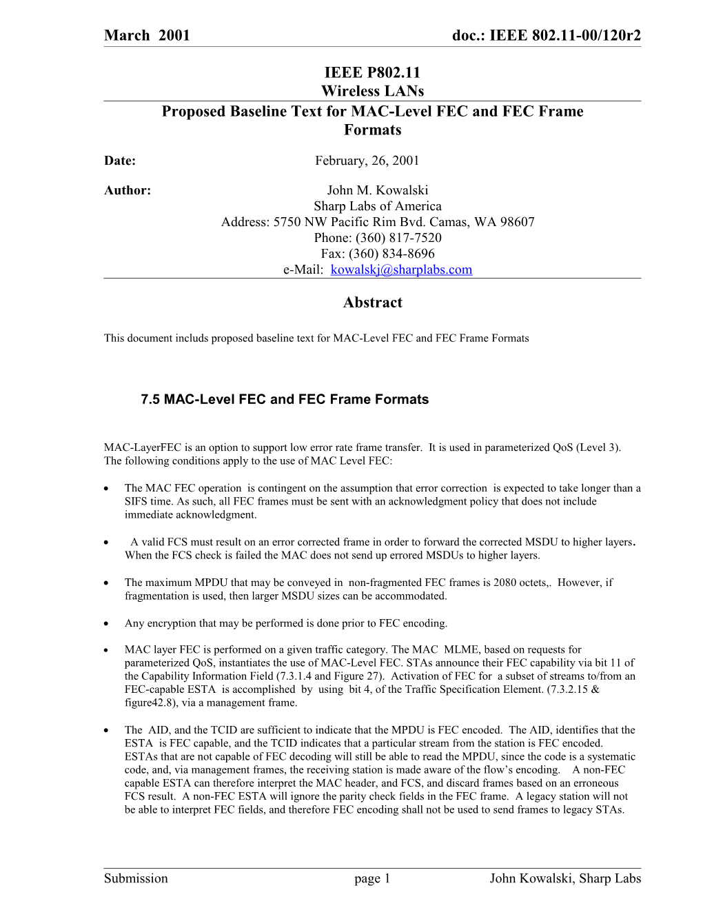 Proposed Baseline Text for MAC-Level FEC and FEC Frame Formats
