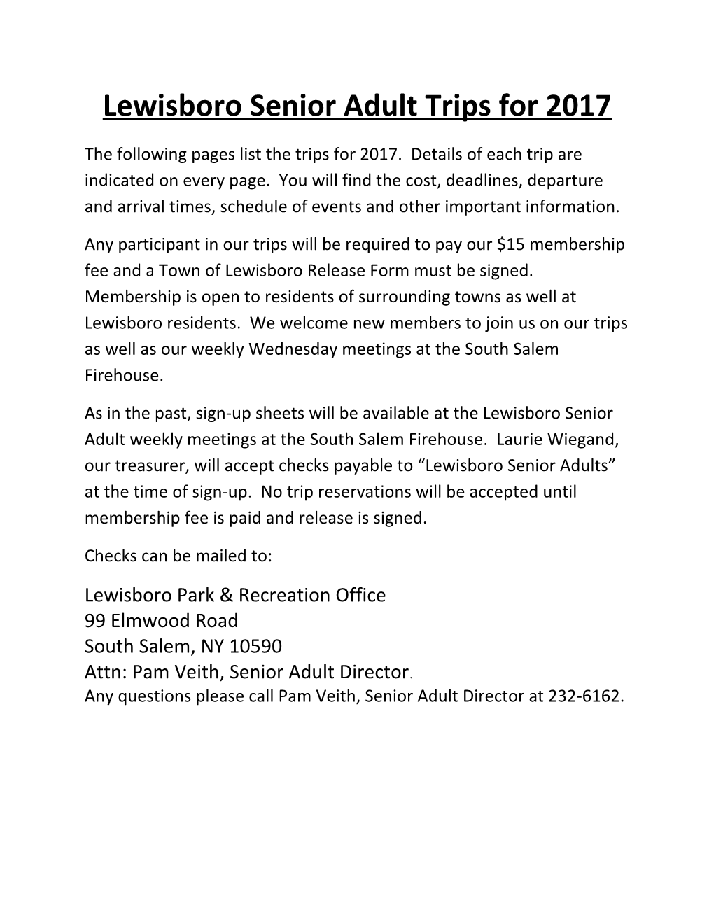 Lewisboro Senior Adult Trips for 2015