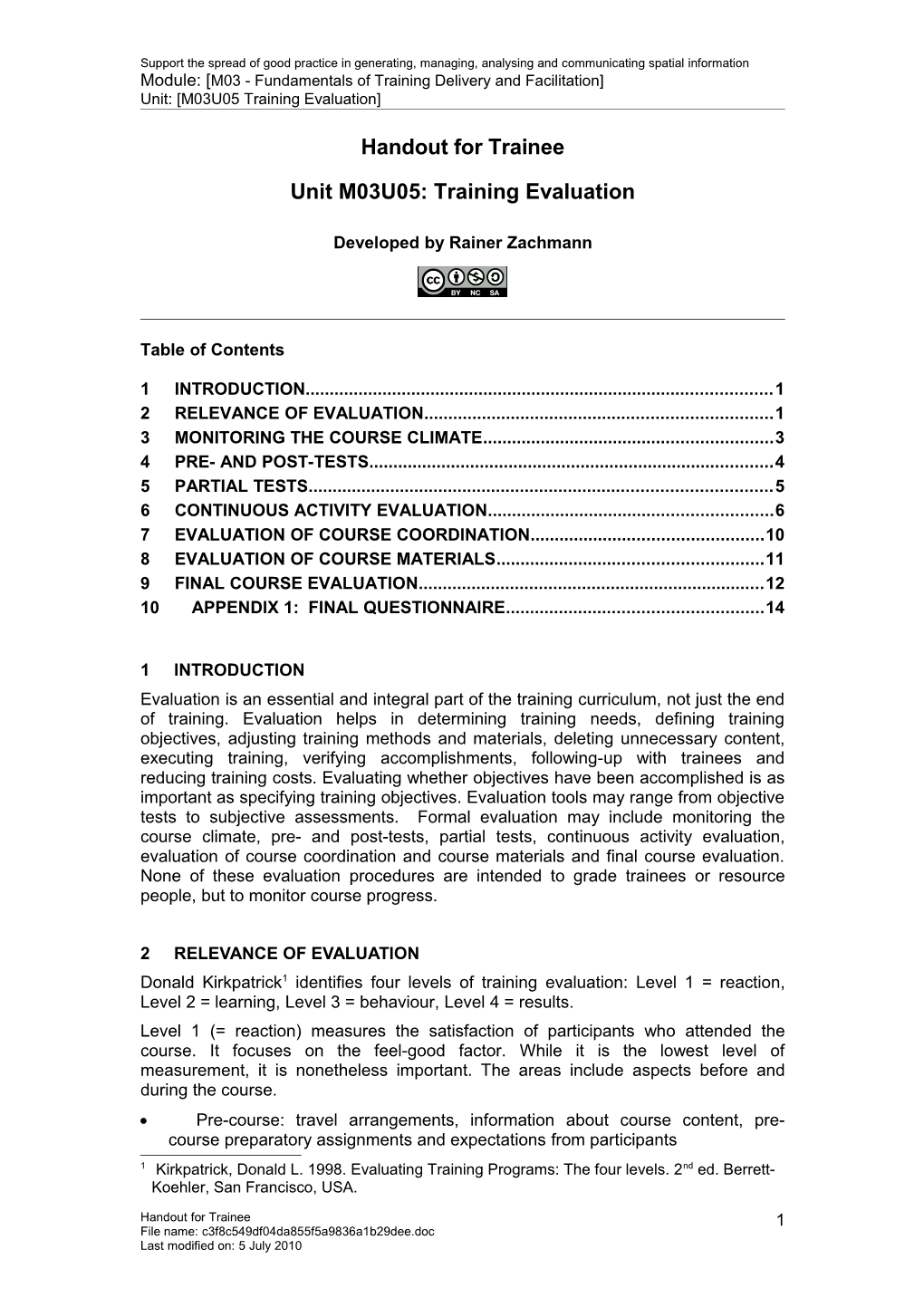 Handout for Trainee - Training Evaluation