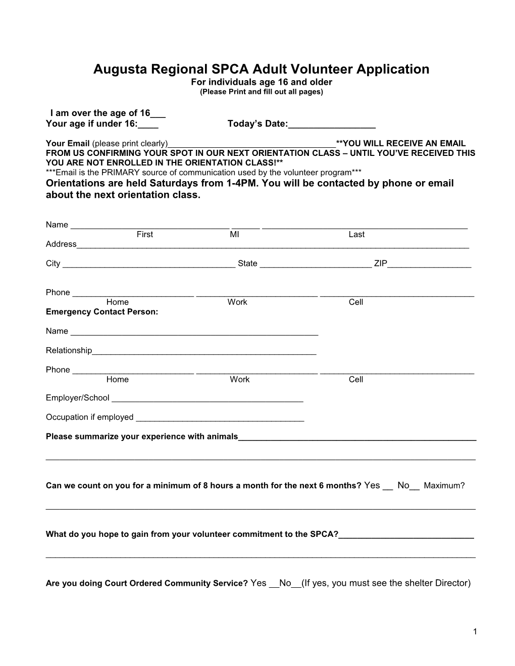 Augusta Regional SPCA Adult Volunteer Application