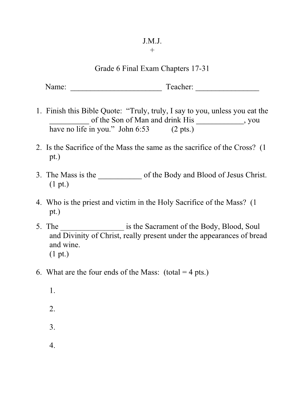 Grade 6 Final Exam Chapters 17-31
