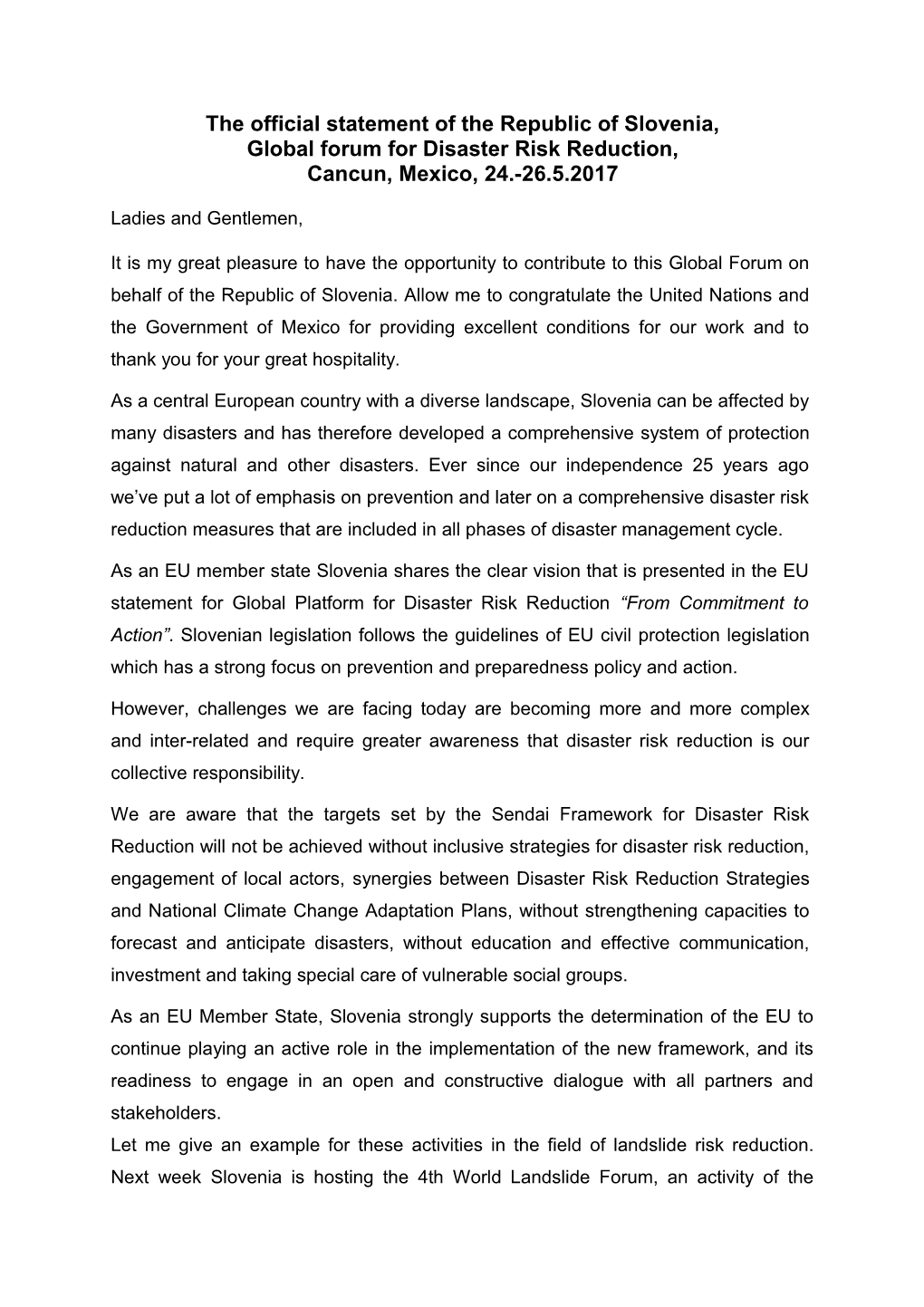 The Official Statement of the Republic of Slovenia, Global Forum for Disaster Risk Reduction