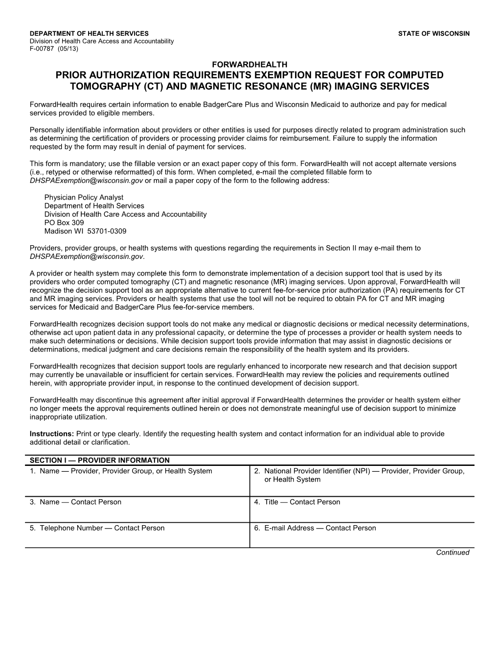 Forwardhealth - Prior Auth Requirements Exemption Request for Computeed Tomography And