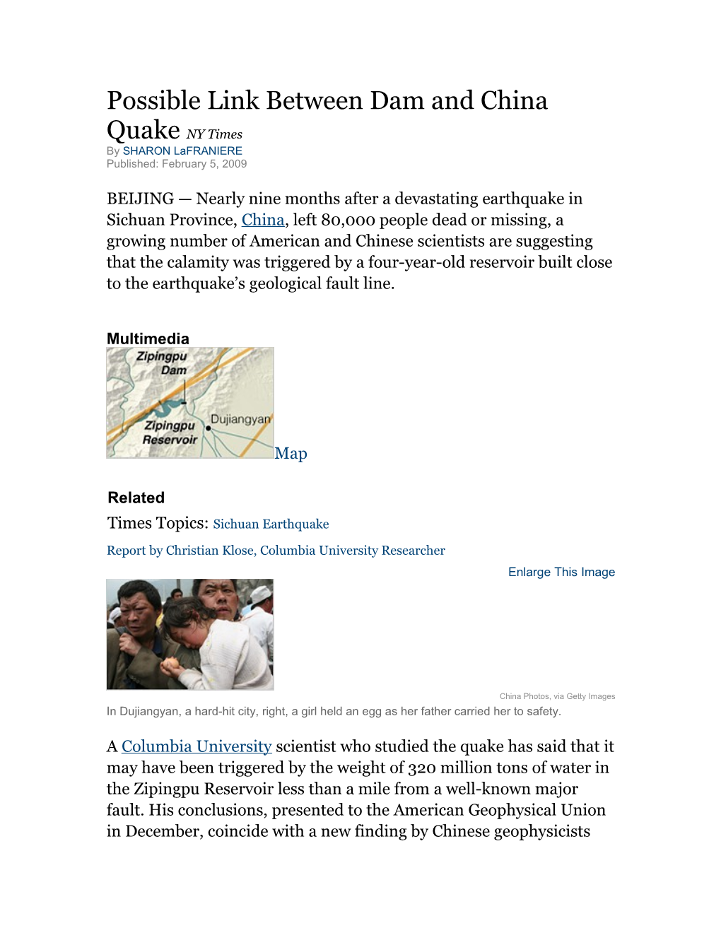 Possible Link Between Dam and China Quake NY Times