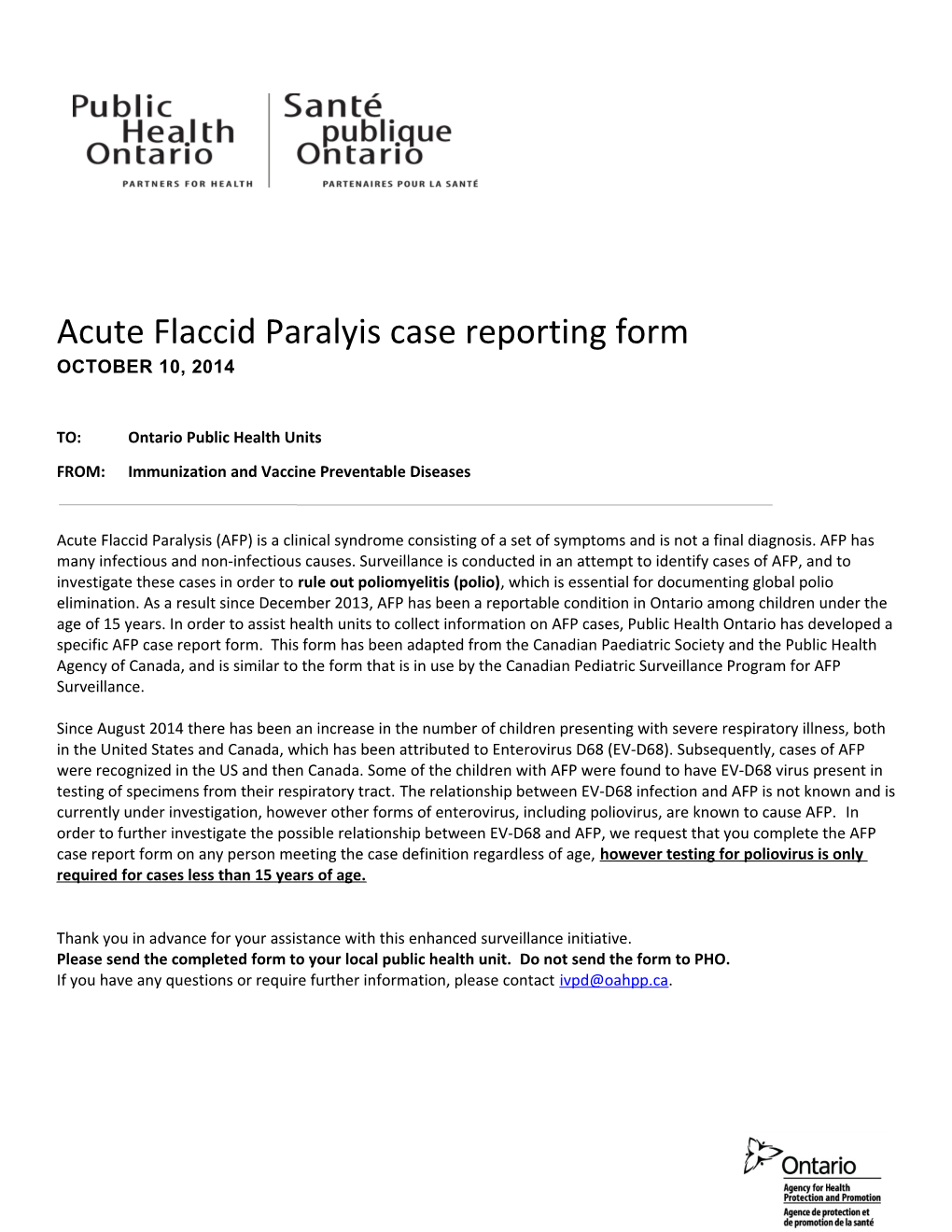 Acute Flaccid Paralyis Case Reporting Form