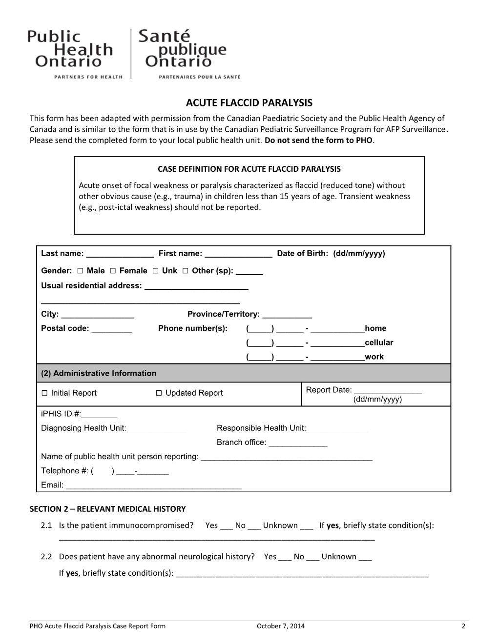 Acute Flaccid Paralyis Case Reporting Form
