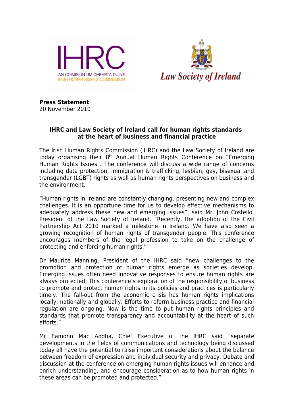 IHRC and Law Society of Ireland Call for Human Rights Standards