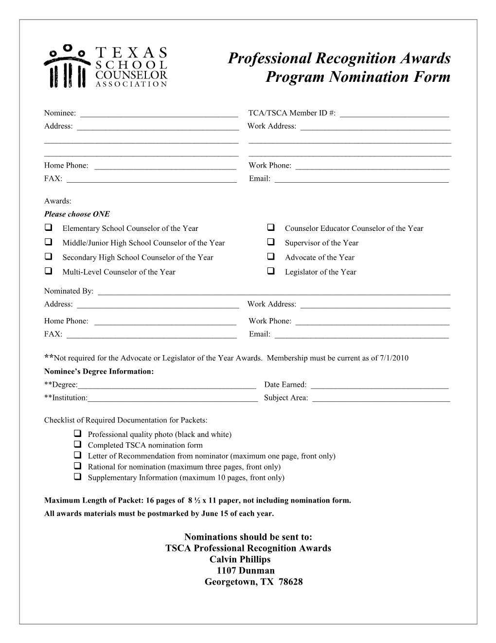 Professional Recognitionawards Program Nomination Form