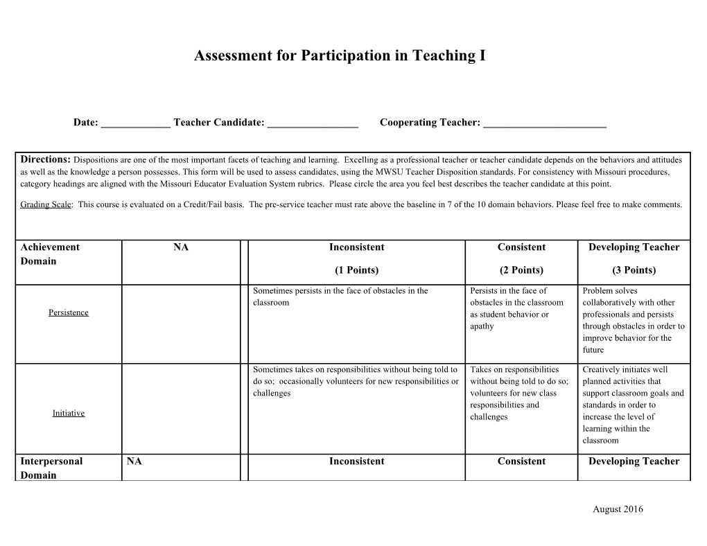 Assessment for Participation in Teaching I