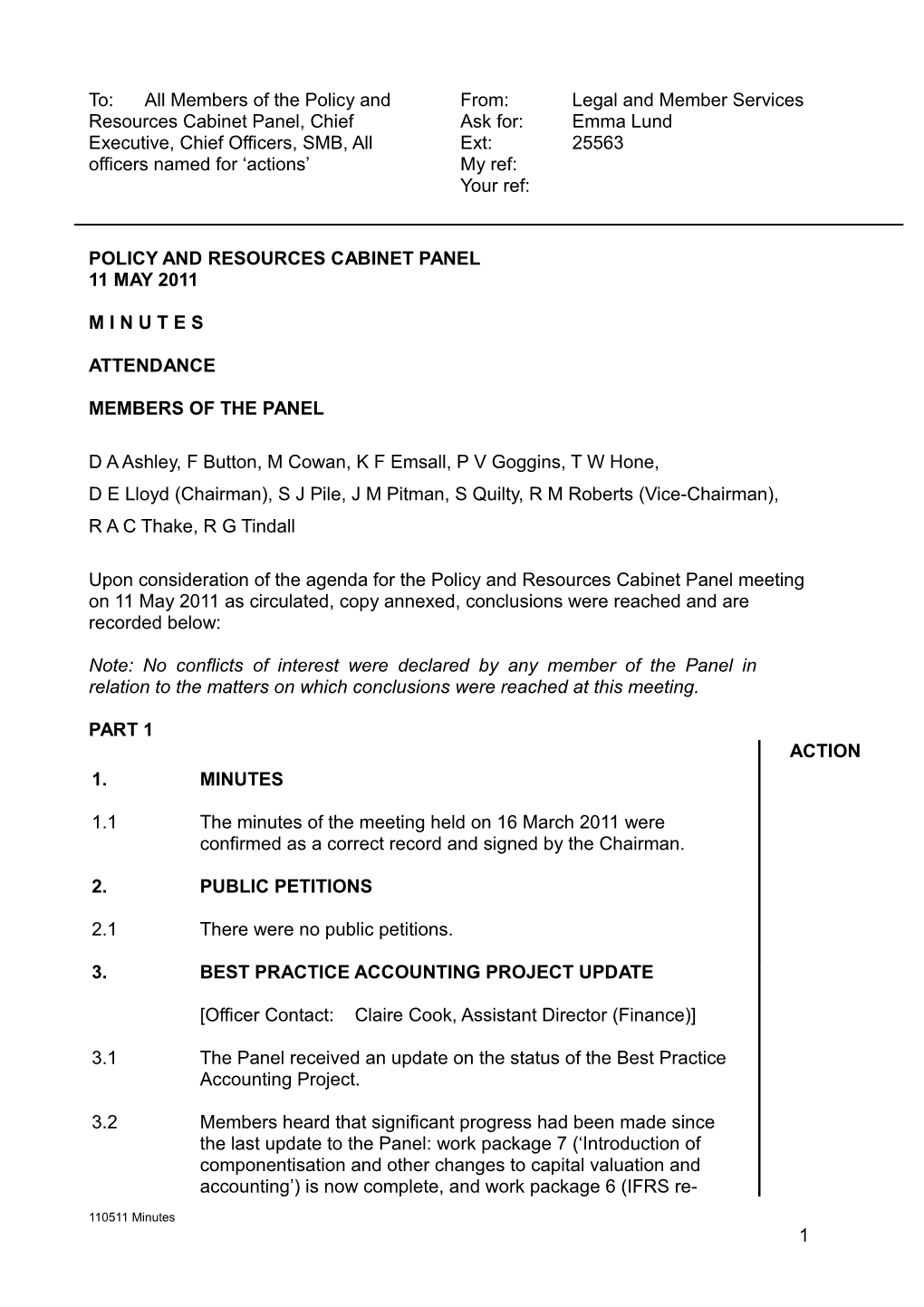 Minutes of a Meeting of the Policy and Resources Cabinet Panel Held on Wednesday 11 May