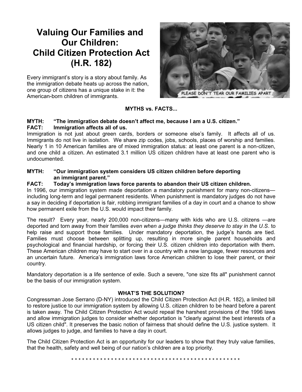 Valuing Our Families and Our Children: the Child Citizen Protection Act (HR 213)