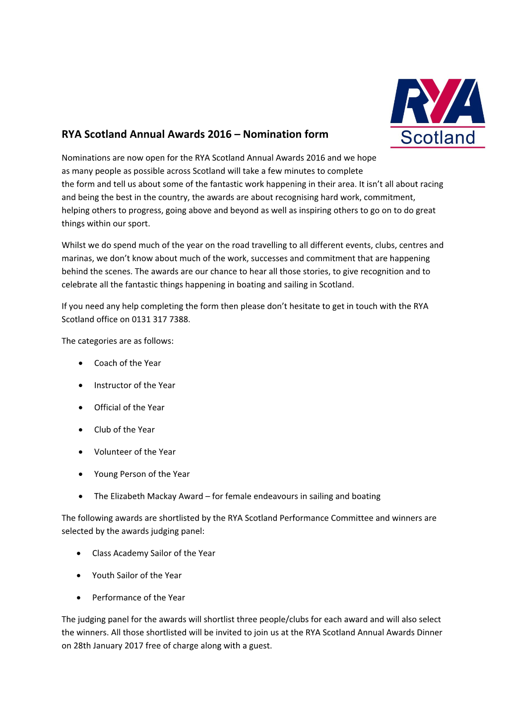 RYA Scotland Annual Awards 2016 Nomination Form