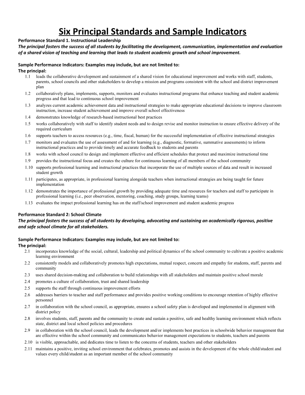 Six Principal Standards and Sample Indicators