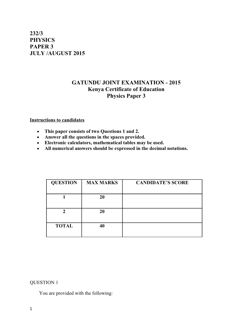 Gatundu Joint Examination - 2015