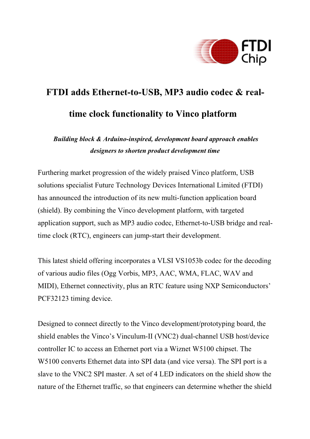 FTDI Adds Ethernet-To-USB, MP3 Audio Codec & Real-Time Clock Functionality to Vinco Platform