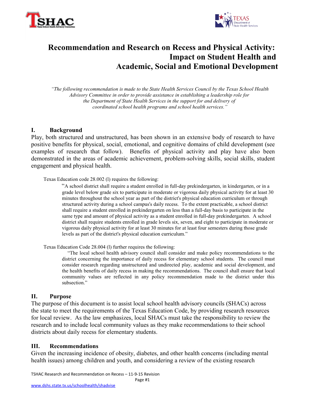 Recommendation and Research on Recess and Physical Activity: Impact on Student Health And