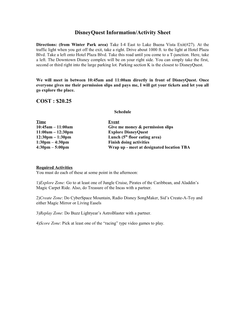 Disneyquest Information/Activity Sheet