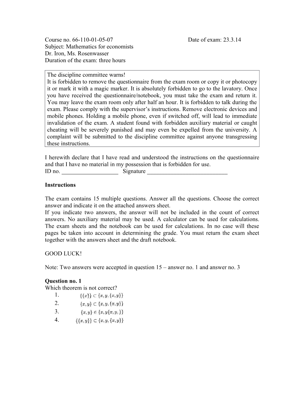 Course No. 66-110-01-05-07Date of Exam: 23.3.14