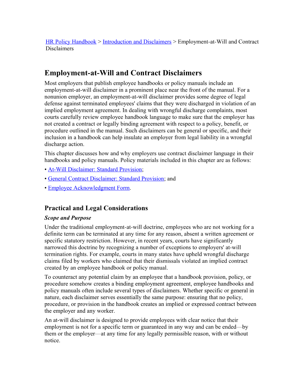HR Policy Handbook Introduction and Disclaimers Employment-At-Will and Contract Disclaimers