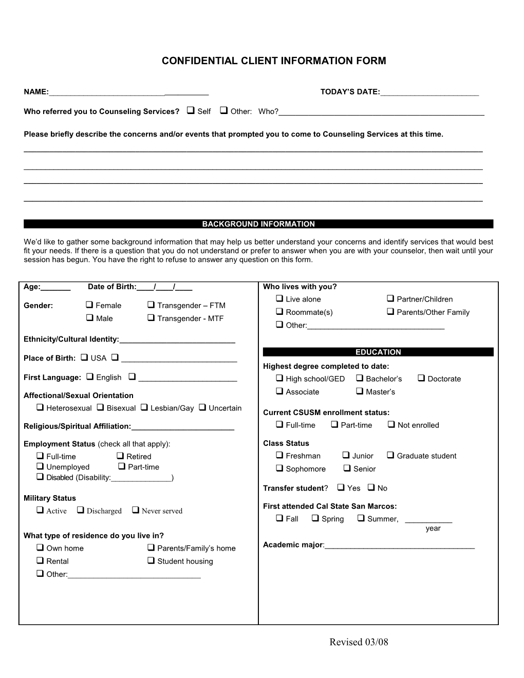 Confidential Client Information Form