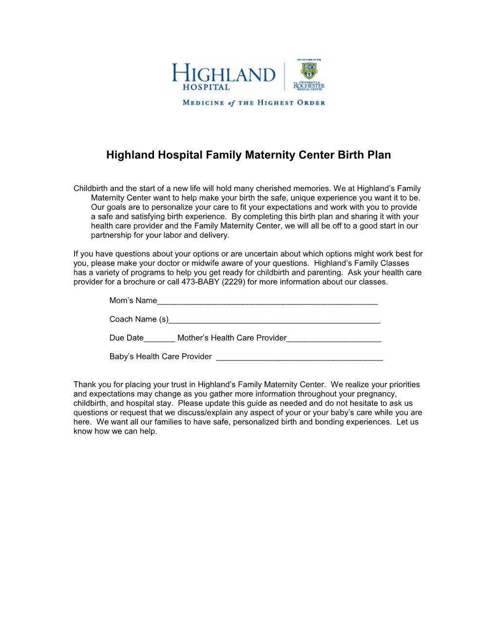 Highland Hospital Family Maternity Center Birth Plan