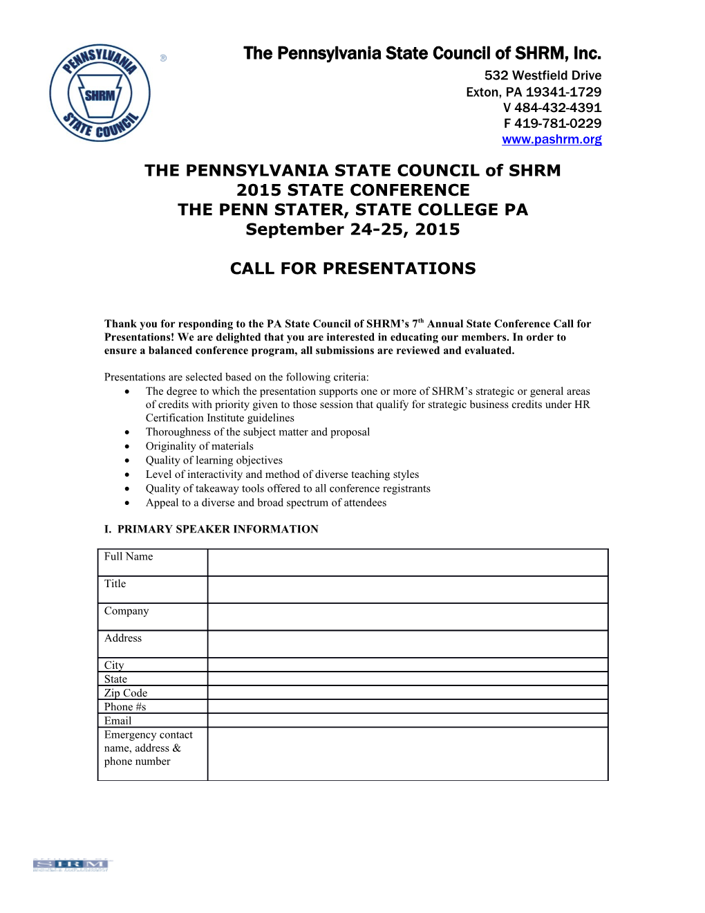 THE PENNSYLVANIA STATE COUNCIL of SHRM