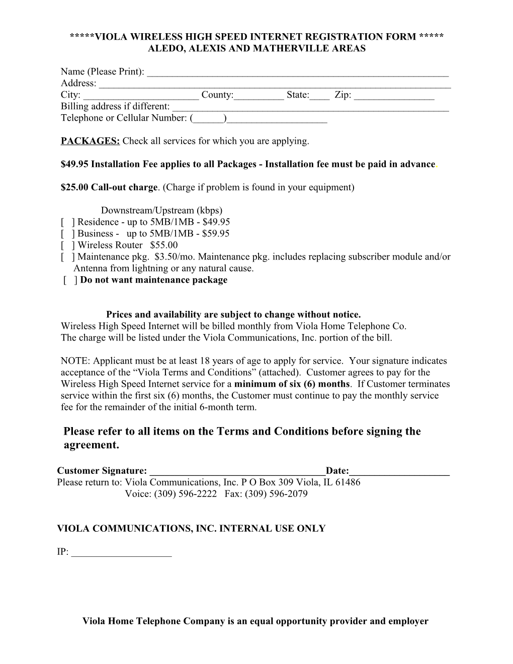 Viola Wireless High Speed Internet Registration Form