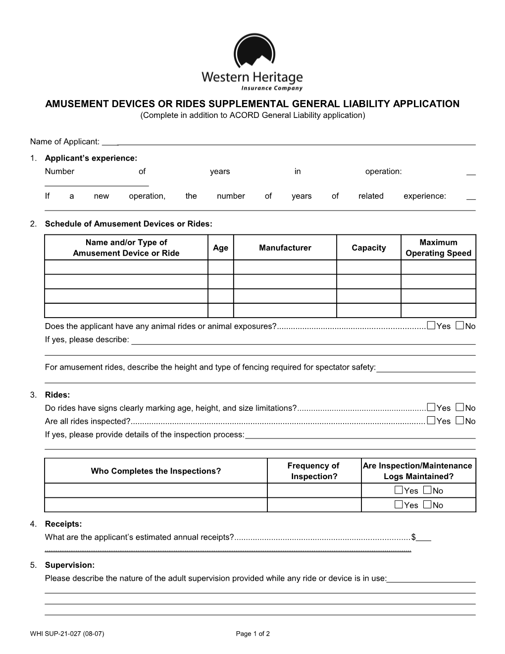 Amusement Devices Or Rides Supplemental General Liability Application