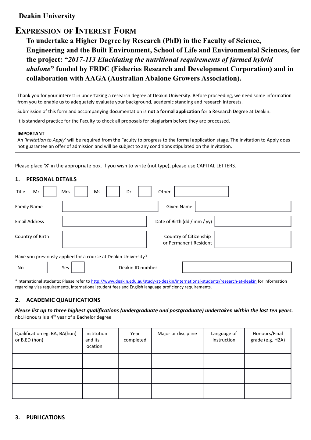 Expression of Interest Formto Undertake a Higher Degree by Research(Phd) in the Faculty