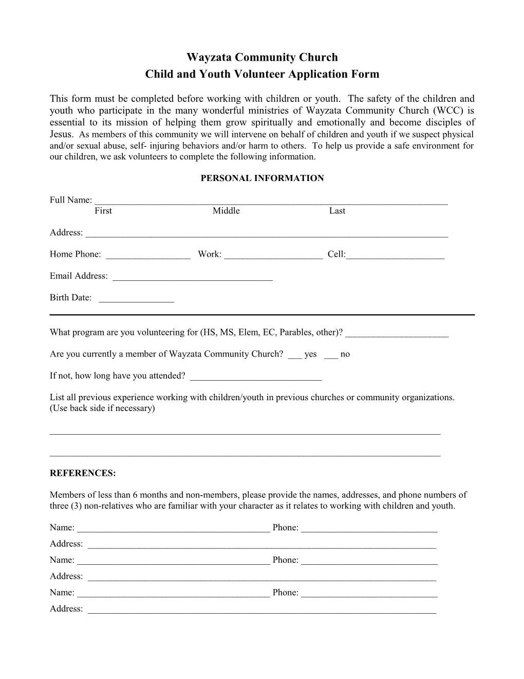 Child and Youth Volunteer Application Form