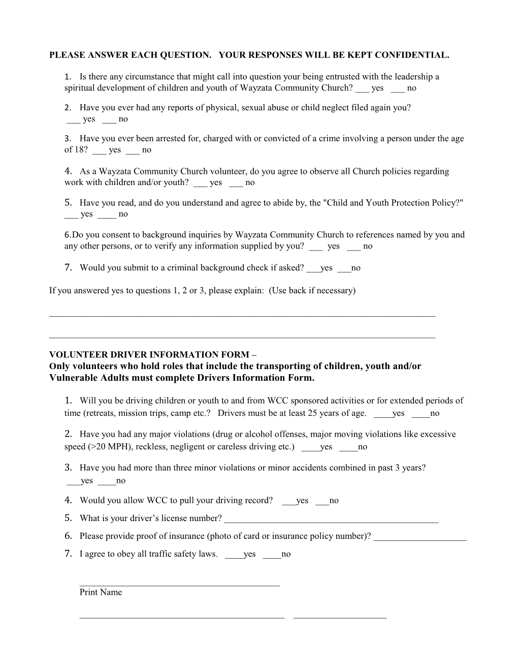 Child and Youth Volunteer Application Form