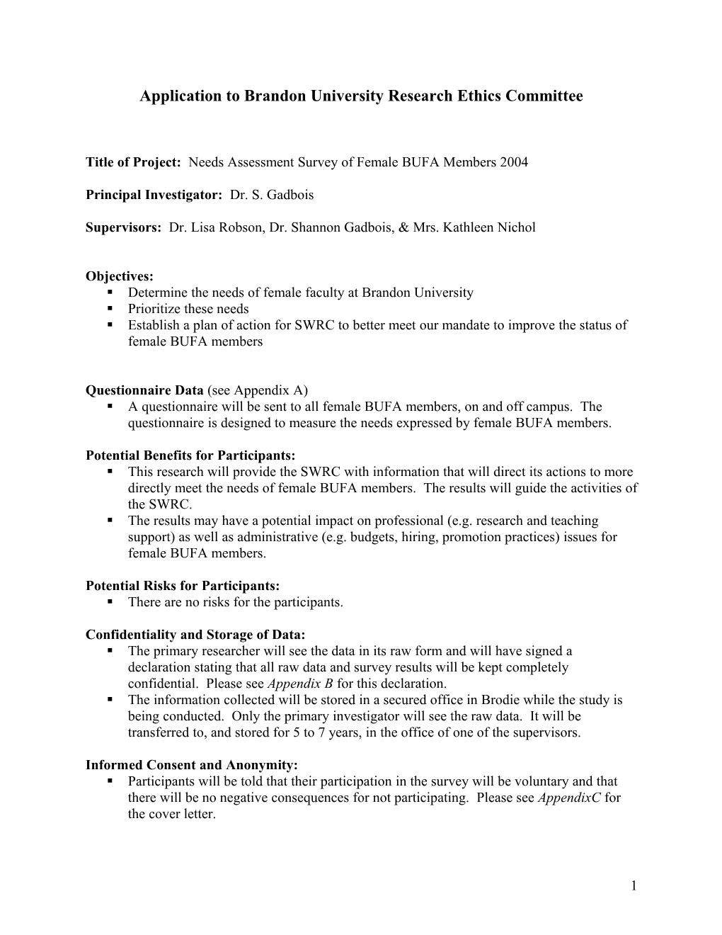 Application to Brandon University Research Ethics Committee (BUREC)