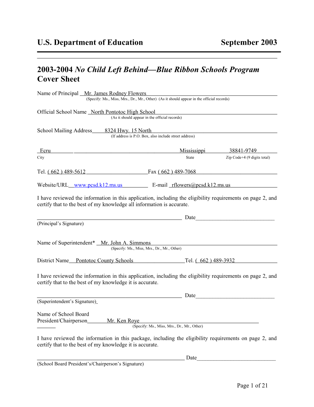 North Pontotoc High School 2004 No Child Left Behind-Blue Ribbon School Application (Msword)