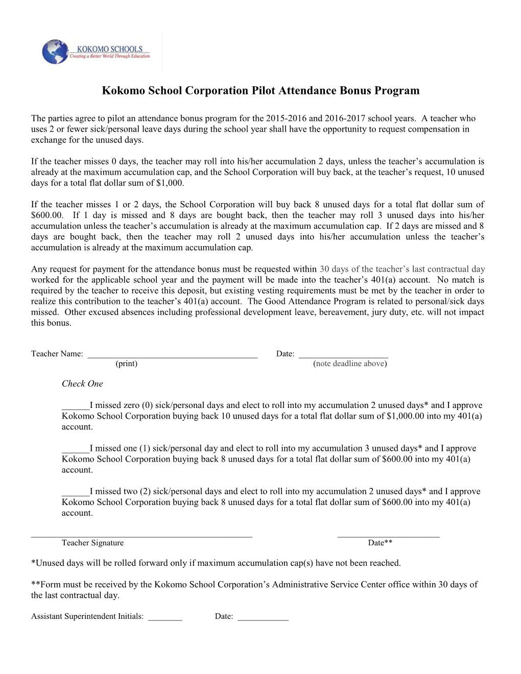 Kokomo School Corporation Pilot Attendance Bonus Program