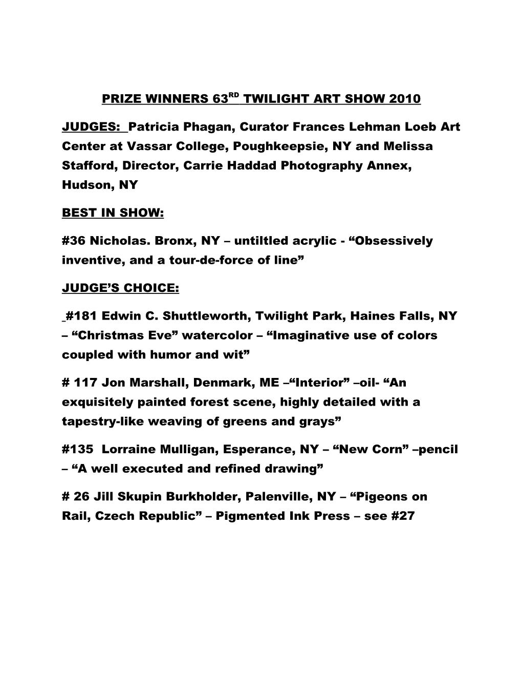 Prize Winners 63Rd Twilight Art Show 2010