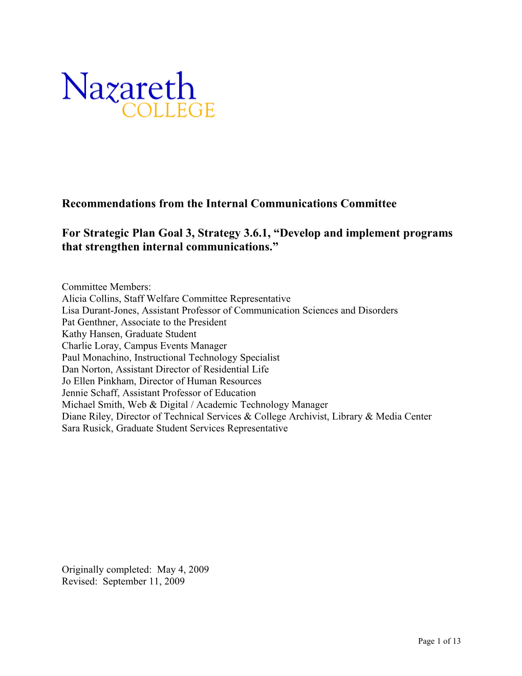 Recommendations from the Internal Communications Committee