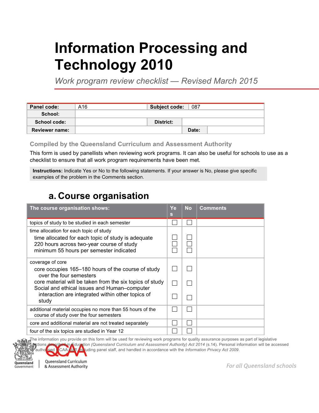 Information Processing & Technology (2010) Work Program Review Checklist