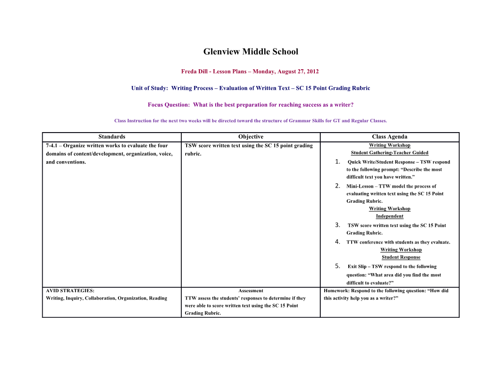 Unit of Study: Writing Process Evaluation of Written Text SC 15 Point Grading Rubric
