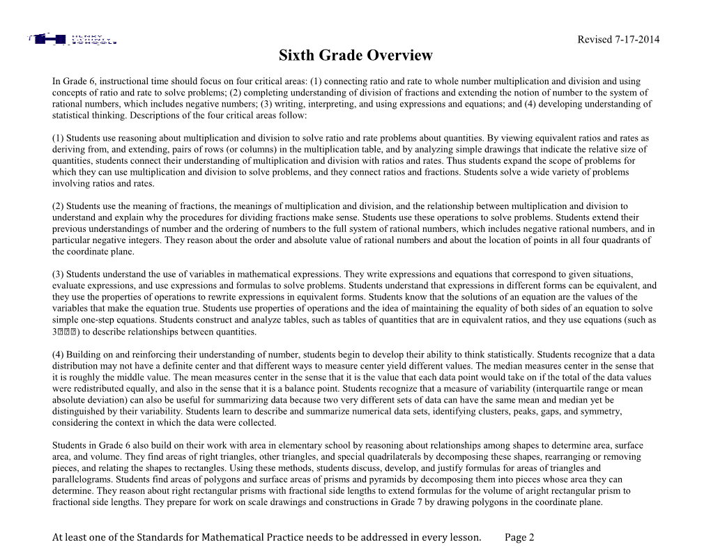 6Th Grade Mathematics Curriculum Map
