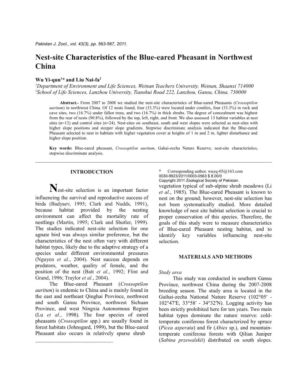 Nest-Site Characteristics of the Blue-Eared Pheasant in Northwest China