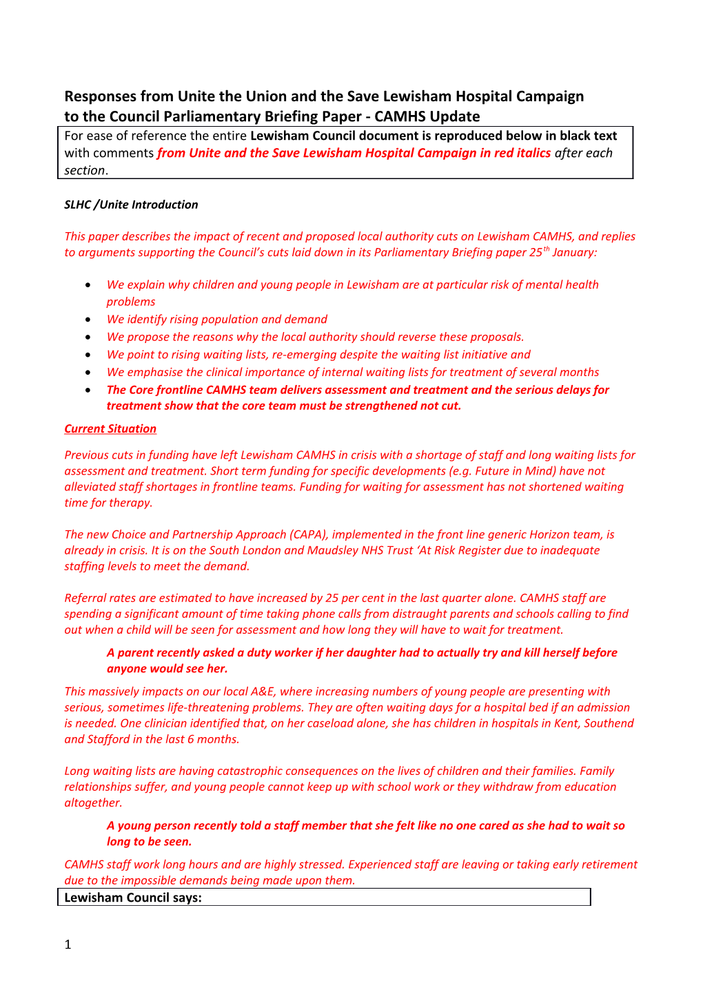 Responses from Unite the Union and the Save Lewisham Hospital Campaign to the Council